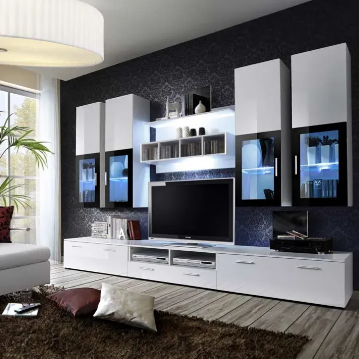 Parete attrezzata 300x190h cm soggiorno bianco lucido Barrie Gihome®