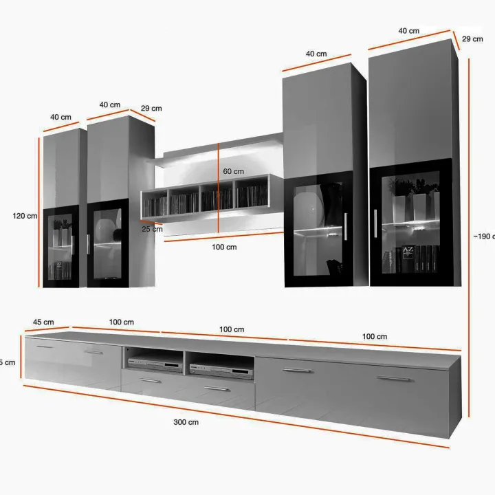 Parete attrezzata 300x190h cm soggiorno nero e bianco lucido Barrie Gihome®