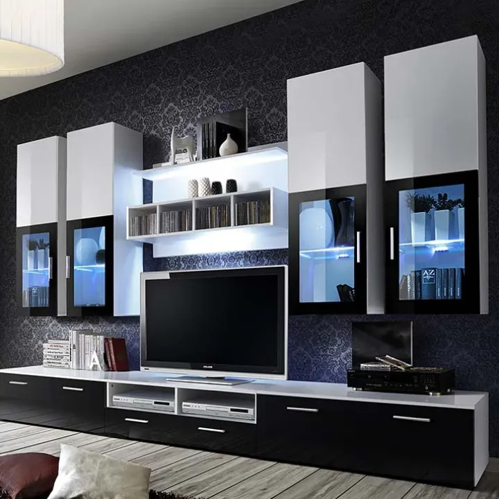 Parete attrezzata 300x190h cm soggiorno nero e bianco lucido Barrie Gihome®