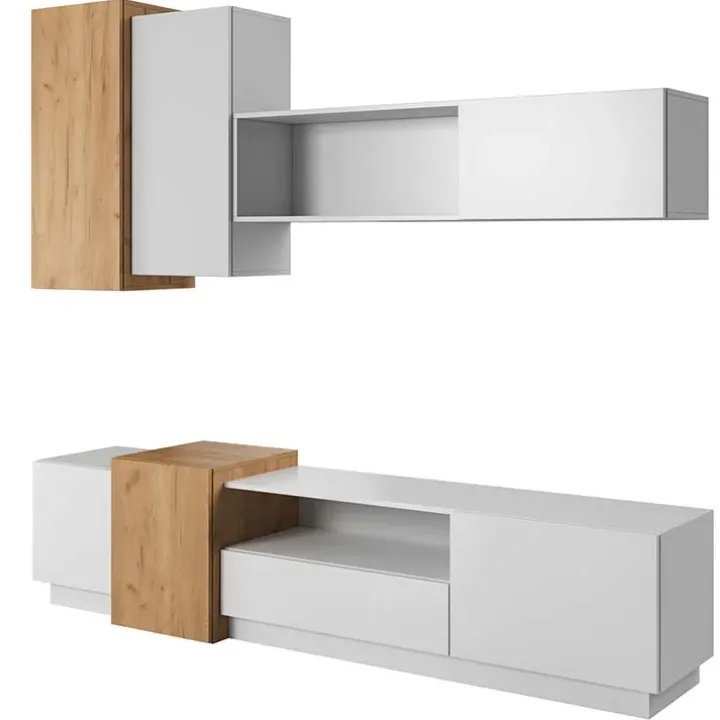 Parete attrezzata 300x183h cm soggiorno bianco opaco quercia James