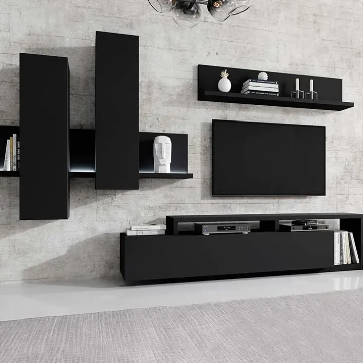 Parete attrezzata 219x205h cm soggiorno nero opaco Megan Gihome®