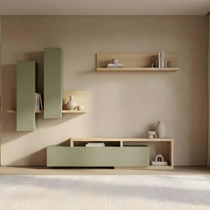Parete attrezzata 219x205h cm soggiorno verde salvia rovere Megan Gihome®