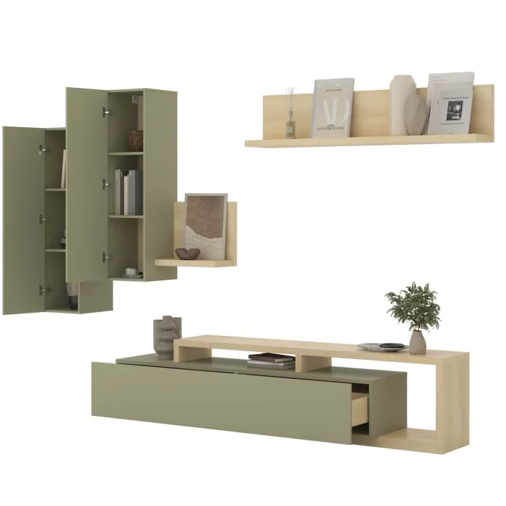 Parete attrezzata 219x205h cm soggiorno verde salvia rovere Megan Gihome®