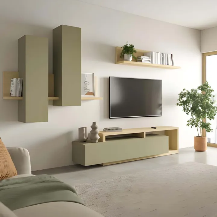 Parete attrezzata 219x205h cm soggiorno verde salvia rovere Megan Gihome®