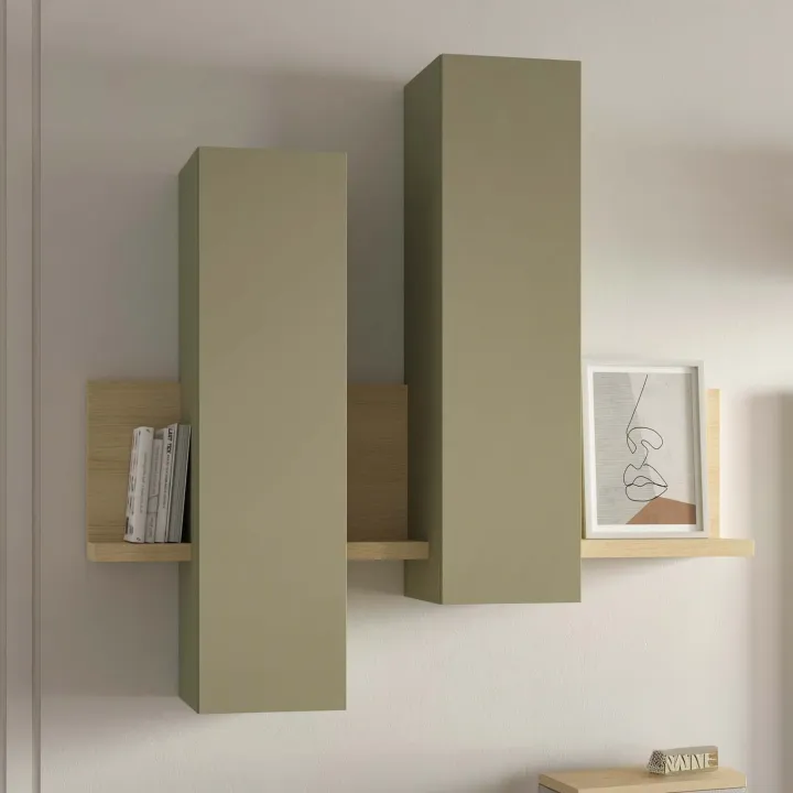 Parete attrezzata 219x205h cm soggiorno verde salvia rovere Megan Gihome®