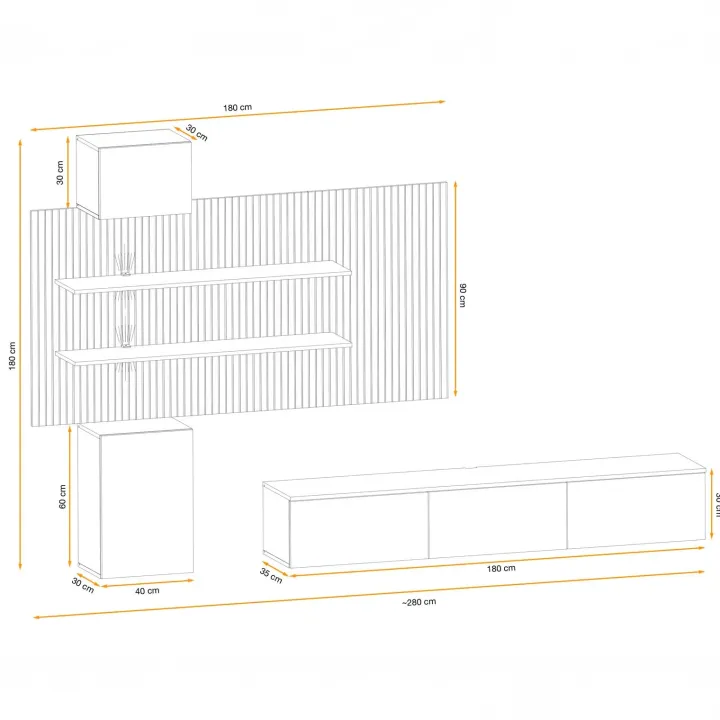 Parete attrezzata 220x160h cm sospesa beige cashmere rovere con stampa nera Halo