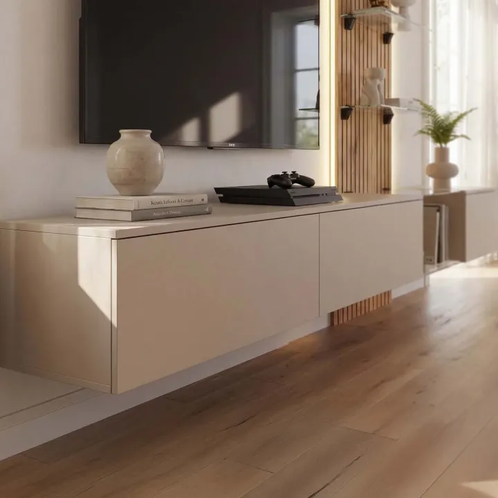 Parete attrezzata 220x160h cm sospesa beige cashmere rovere con stampa nera Halo