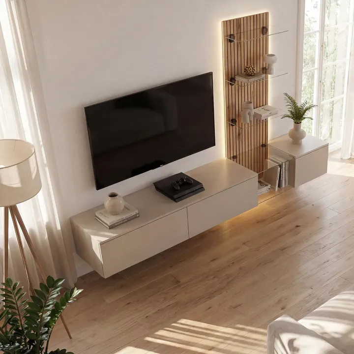 Parete attrezzata 220x160h cm sospesa beige cashmere rovere con stampa nera Halo