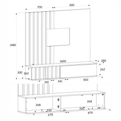 Parete attrezzata 160x148h cm sospesa cannettato, rovere, bianco effetto marmo Kendo