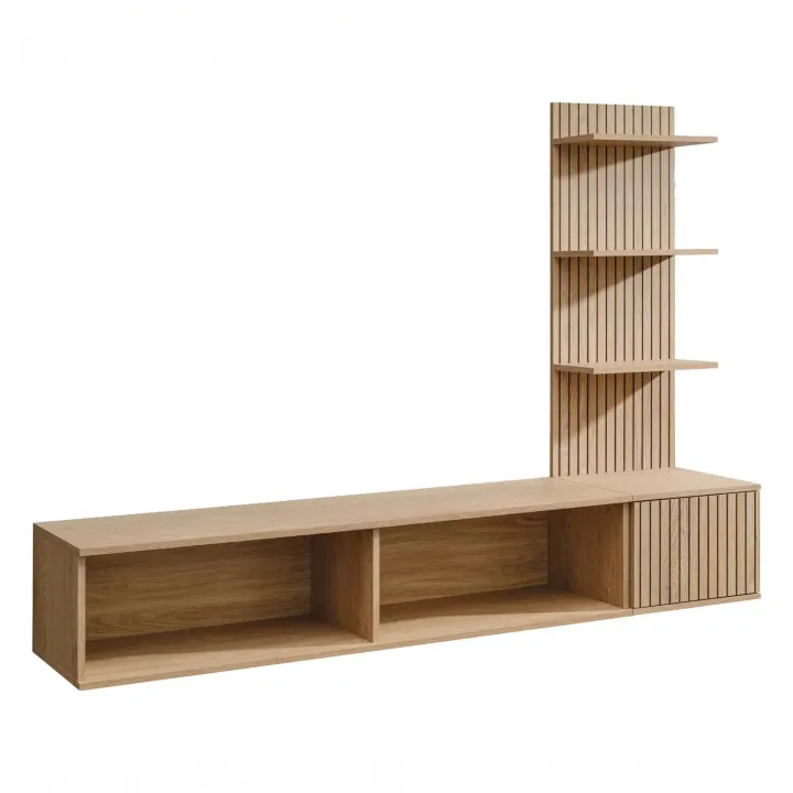 Parete attrezzata 180x130h cm sospesa rovere con stampa nera Kyoto