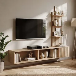 Parete attrezzata 180x130h cm sospesa rovere con stampa nera Kyoto