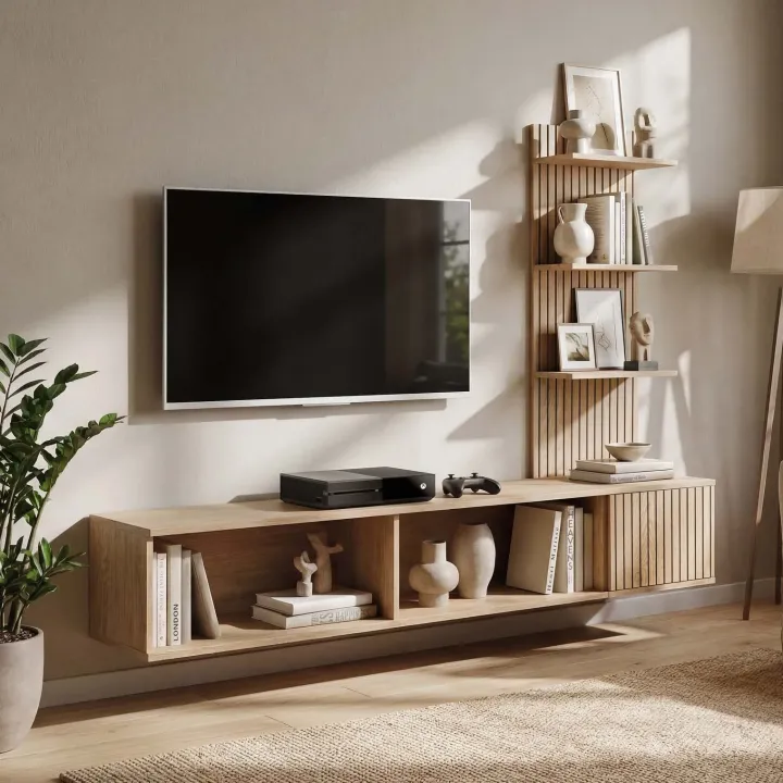 Parete attrezzata 180x130h cm sospesa rovere con stampa nera Kyoto