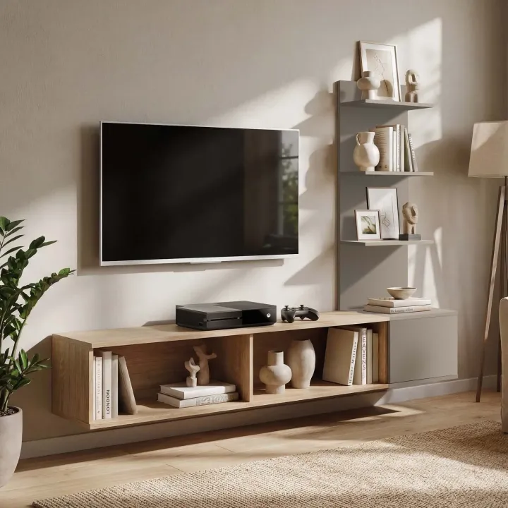 Parete attrezzata 180x130h cm sospesa rovere grigio Kyoto