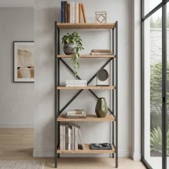 Scaffale libreria multiuso 66x158h 5 ripiani industrial metallo rovere rustico Loft