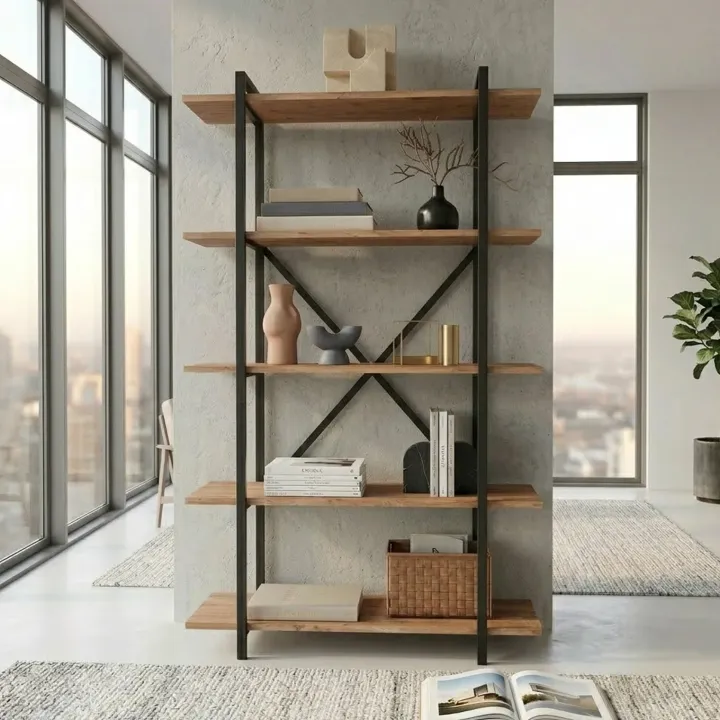Scaffale libreria 90x160h cm 5 ripiani industrial metallo rovere rustico Loft