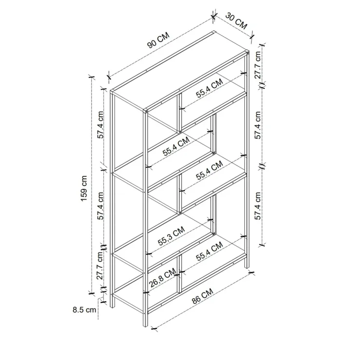 Scaffale libreria 90x159h cm 6 vani a vista industrial metallo antracite Loft