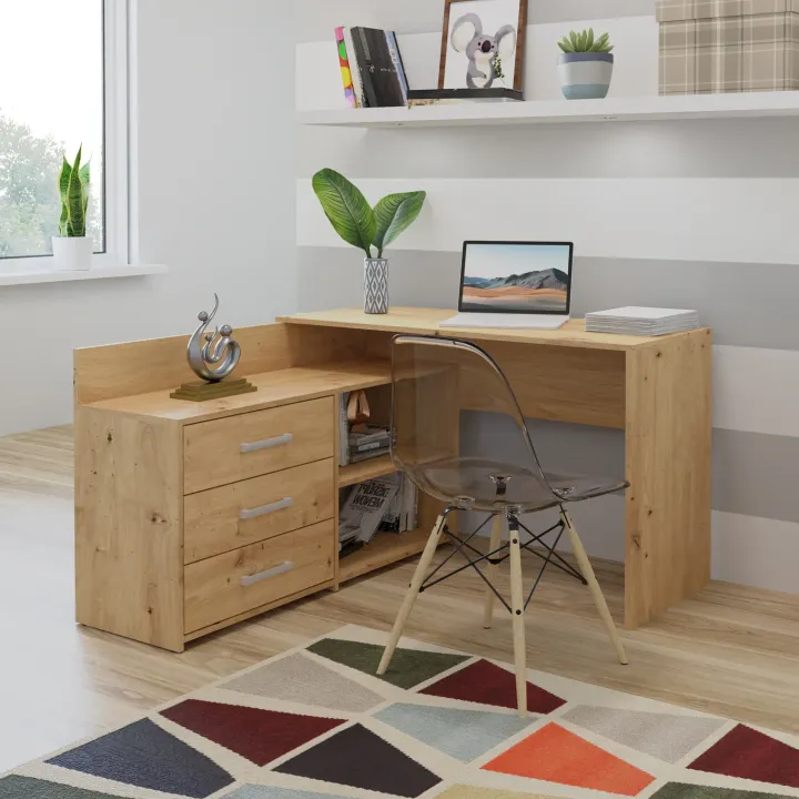Scrivania angolare ufficio 120x120cm con cassettiera rovere nodoso Genius