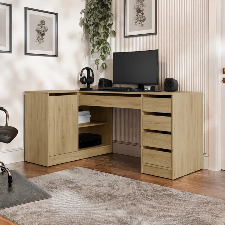 Scrivania angolare ufficio 158x98cm 1 anta 5 cassetti rovere rustico Blackpool
