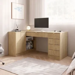 Scrivania angolare ufficio 158x98cm 1 anta 5 cassetti cannettato rovere Athena