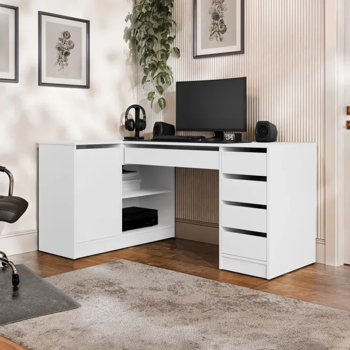 Scrivania angolare ufficio 158x98cm 1 anta 5 cassetti bianco opaco Blackpool