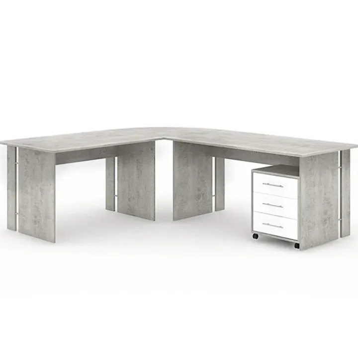 Scrivania ufficio angolare 228x198cm con cassettiera bianco cemento Woody