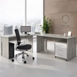 Scrivania ufficio angolare 228x198cm con cassettiera bianco cemento Woody