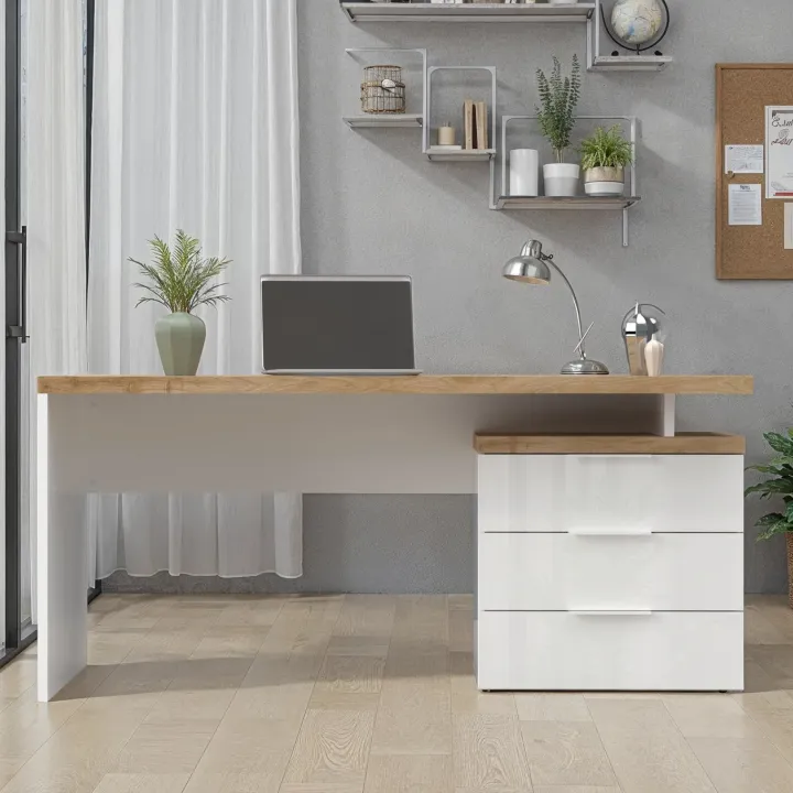 Scrivania ufficio reversibile 160x75cm con cassettiera bianco lucido rovere chiaro Opera