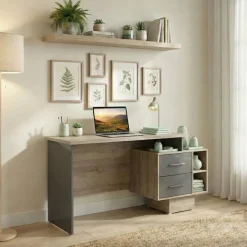 Scrivania ufficio 148x60cm con cassettiera rovere antracite lucido Time Y