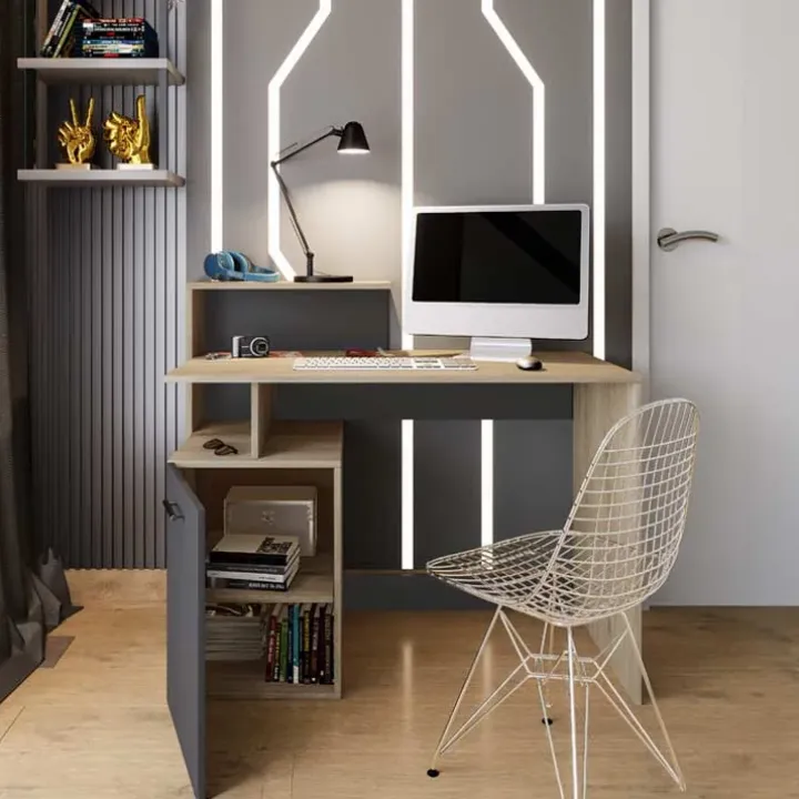 Scrivania ufficio 110x55cm con mobile contenitore grigio rovere chiaro Aldeia
