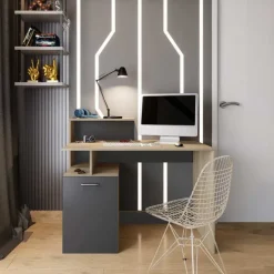 Scrivania ufficio 110x55cm con mobile contenitore grigio rovere chiaro Aldeia