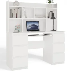 Scrivania 130x51cm con cassetti laterali, libreria e ripiani bianca Toppy