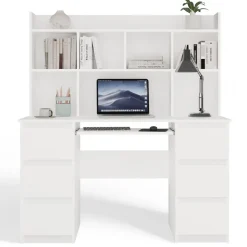 Scrivania 130x51cm con cassetti laterali, libreria e ripiani bianca Toppy