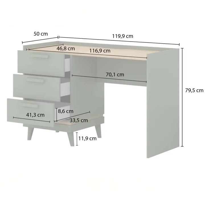Scrivania 120x50cm con 3 cassetti verde salvia Yu