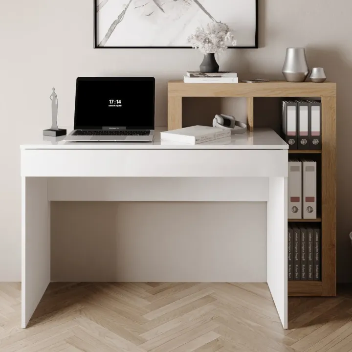 Scrivania 138x50cm con libreria e 1 cassetto bianco lucido rovere Invictus