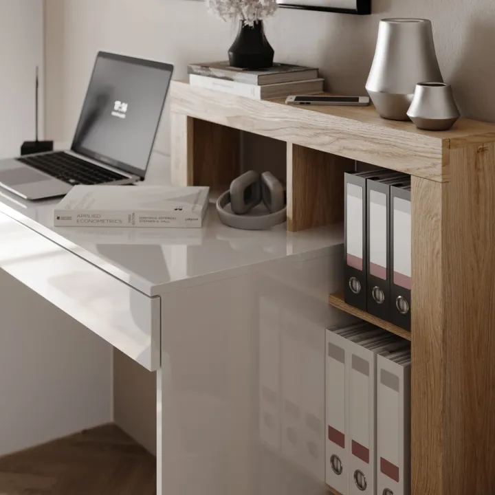 Scrivania 138x50cm con libreria e 1 cassetto bianco lucido rovere Invictus
