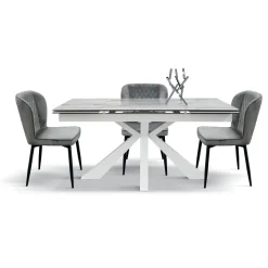 Tavolo allungabile 160/240 piano lucido in ceramica effetto marmo e base metallo bianco Ray