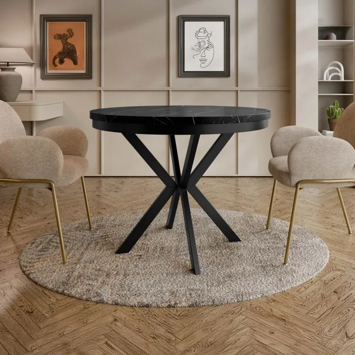 Tavolo da pranzo allungabile 90/166 cm rotondo nero effetto marmo nero Vortex
