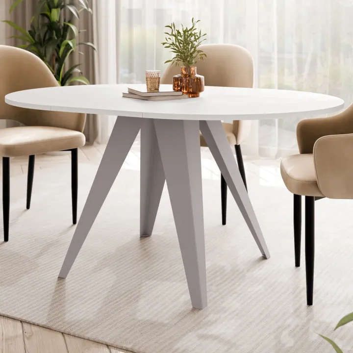 Tavolo da pranzo allungabile 100/138x100 cm rotondo industrial bianco metallo cashmere Cortex