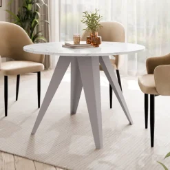 Tavolo da pranzo allungabile 100/138x100 cm rotondo industrial effetto marmo bianco metallo cashmere Cortex
