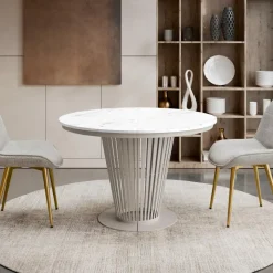 Tavolo da pranzo allungabile 100/176x100 cm rotondo industrial effetto marmo bianco metallo cashmere Monox