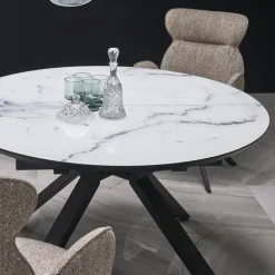 Tavolo rotondo allungabile 130/180cm vetro effetto marmo bianco nero Galact