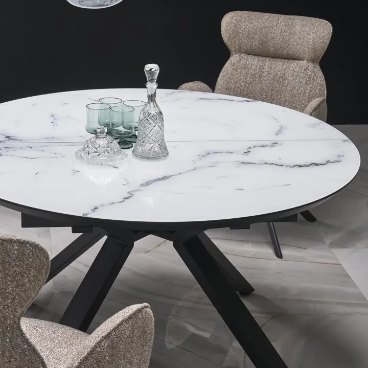 Tavolo rotondo allungabile 130/180cm vetro effetto marmo bianco nero Galact