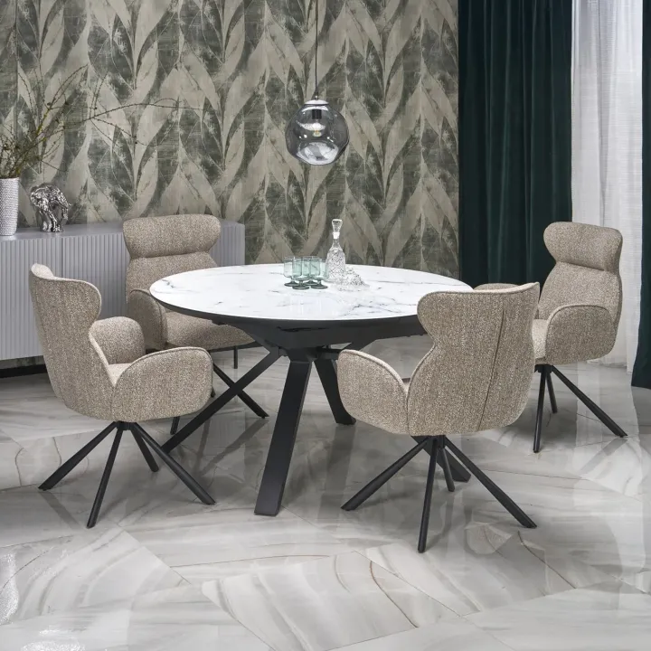Tavolo rotondo allungabile 130/180cm vetro effetto marmo bianco nero Galact