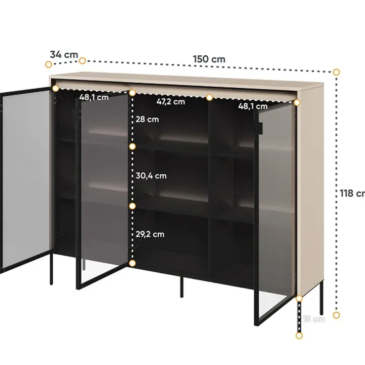 Vetrina bassa 150x118h cm 3 ante led beige nero Camelia