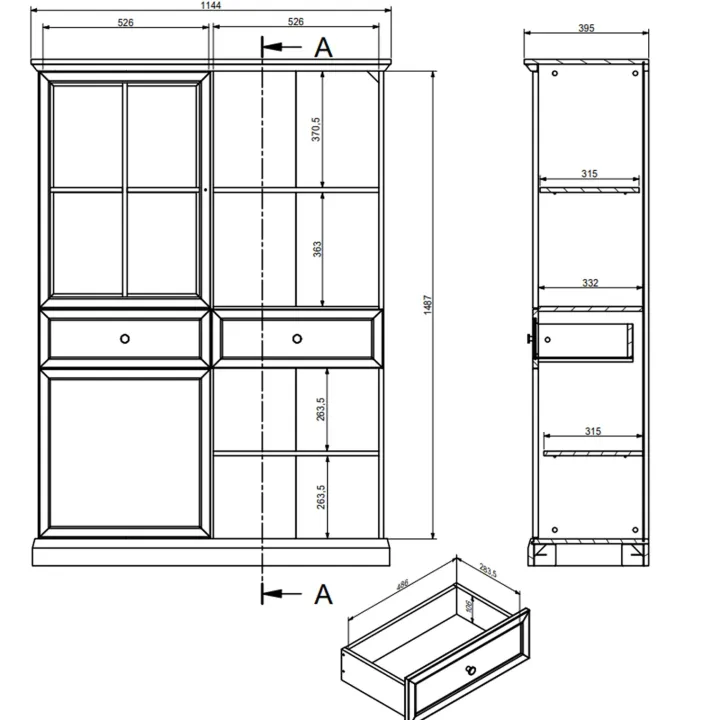 Vetrina moderna 115x162h cm 4 ante 2 cassetti shabby bianco Purro
