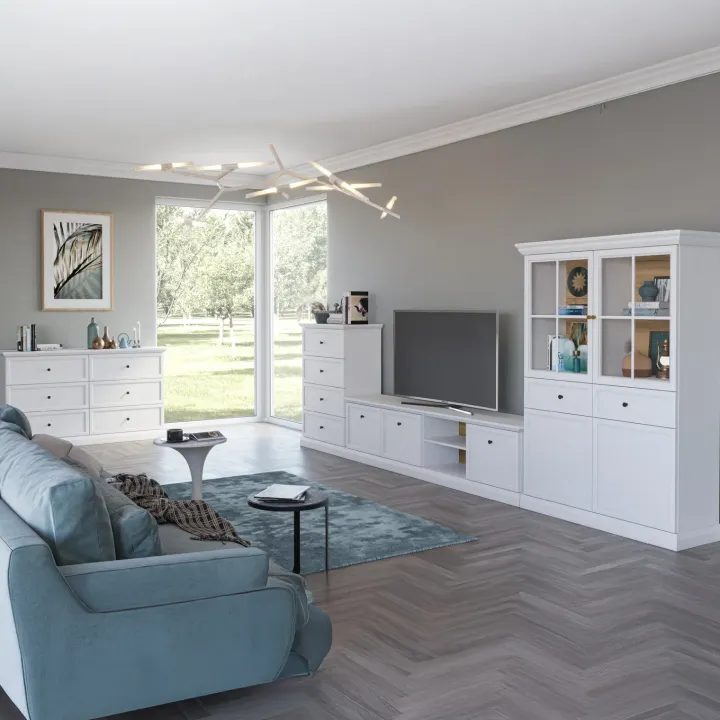 Vetrina moderna 115x162h cm 4 ante 2 cassetti shabby bianco Purro
