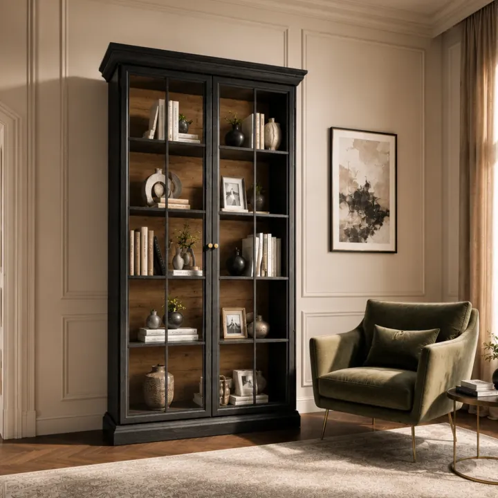 Vetrina moderna 103x200h cm shabby 2 ante con vetro nero grafite Purro