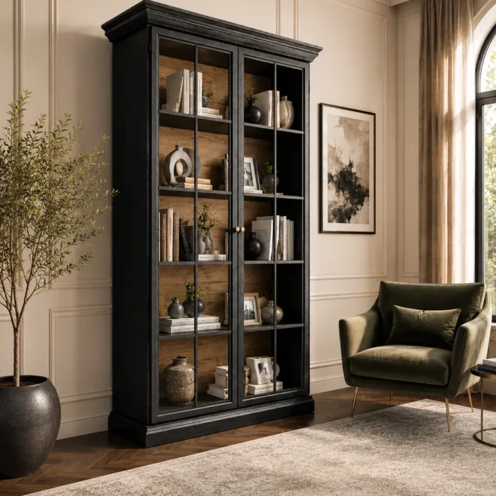 Vetrina moderna 103x200h cm shabby 2 ante con vetro nero grafite Purro
