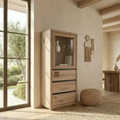 Vetrina 65x148h cm 1 anta 3 cassetti legno massello rovere Tarselia