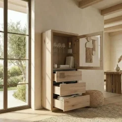 Vetrina 65x148h cm 1 anta 3 cassetti legno massello rovere Tarselia